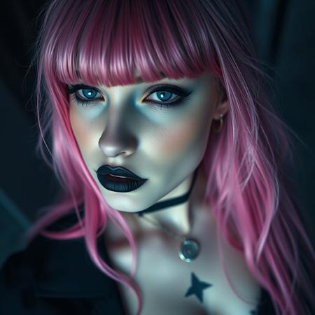 A 20-year-old woman with gothic makeup. Long silky neon pink hair, big blue eyes with thin eyebrows, black lips, small upturned nose. She is the image of a seductive gothic succubus. She exudes a bewitching aura. Ultra-detailed facial details, innocent and playful, soft light glowing, soft incandescent. Staring into the distance. Grey and blue tones, misty atmosphere. Sexy and seductive playful, sexy emo outfit, revealing breasts and some neck and chest tattoos. Her detailed face surrounded by disheveled hair radiates innocence and beauty. Cinematic composition, contrast of light and shadow, adorable bold and detailed face, realistic and fantastical woman, ((full body shot of an attractive woman, view from above, large breasts, deep cleavage, sideboob, very sexy)), Detailed facial texture, ultra-detailed eye and hair details, 8K+ high resolution photos are all showcased.