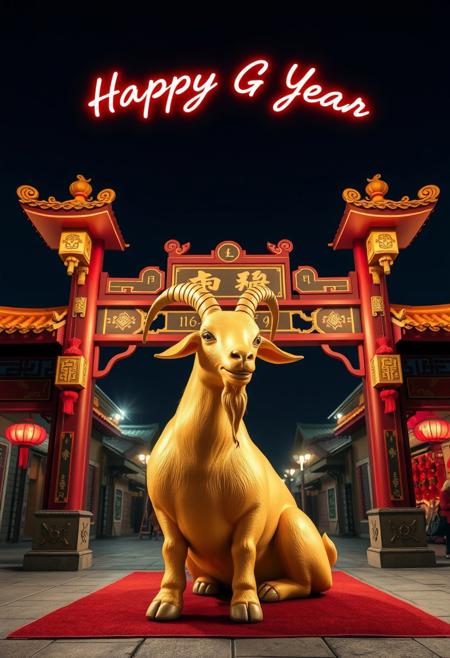 pinkchibisnakeyear,
A golden goat sitting around a traditional Chinese archway decorated with red and gold accents. Above the gate, "Happy Goat Year" glows brightly in the night sky.