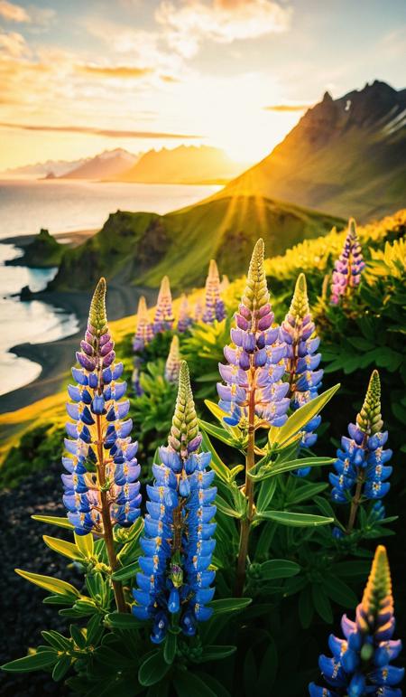 photo by Melissa Stemmer, Blooming lupine flowers on the Stokksnes headland on the southeastern Icelandic coast. Iceland, Europe. Artistic style post processed photo., breathtaking photograph, <lora:melissa-stemmer-1.0:1>, cinematic look, minimalistic, blurred background, warm atmosphere, daylight, professional color grading, simple look, unedited photography, natural, unassuming, simple style, award-winning, stunning, glistering light, golden hour, kodak kodachrome, vintage look, vibrant colors, Retro filter, vintage style, Instagram toning effect, <lora:add-detail-xl:2>
