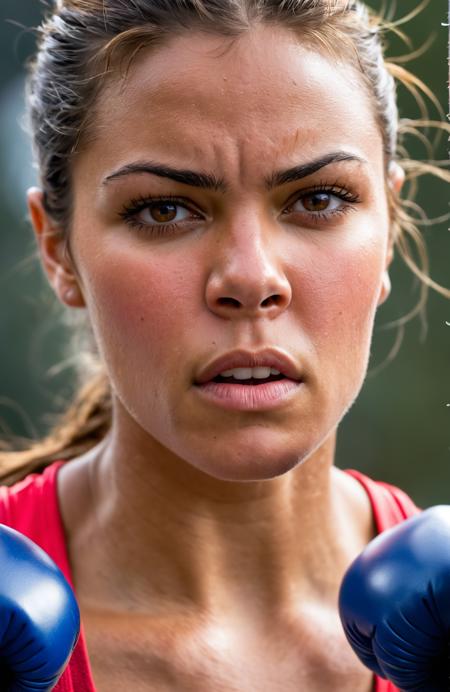 raw and real energy coursing from a close-up portrait of a female boxer in the intense throes of training. Feel the power radiating from her strong, sweat-slick silhouette amidst a whirlwind rush of punches. Her focused eyes reflect the fervor of her spirit, mirroring the determination etched in every line of her hardened face. Capture the essence of her empowering journey, the continual fight against her previous self as she molds into an unbending pillar of strength and resilience