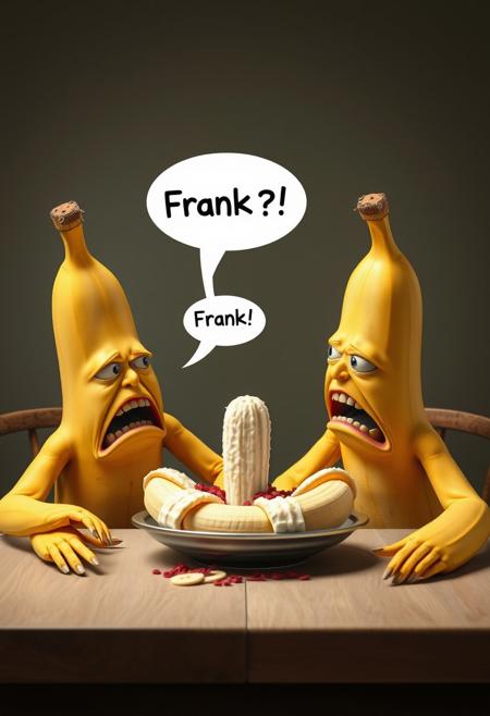 Create a hyper-realistic, hyper-detailed image of two bananas sitting at a table, their faces contorted in horror as they gaze at a banana split in the center. One banana says "Frank?!" in a speech bubble. The bananas are rendered in exquisite detail, with subtle texture and shading that conveys their emotional distress. Style: hyper-realistic, comedic, surreal. Colors: yellow, creamy white, and a hint of green. Highest-Quality, 4k, Masterpiece