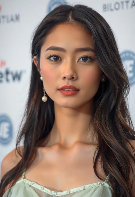 A captivating shot of a young woman with long, dark, flowing hair parted in the center, elegantly framing her face. Her skin appears smooth and radiant, and her makeup is subtle yet enhances her features, with a focus on her eyes and lips. She is wearing delicate, dangling earrings with pearl-like accents. Her attire seems to be a light-colored, possibly sheer or layered gown with thin straps and subtle embellishments in a soft, pastel green hue around the neckline. The background is a clean, bright white, with hints of text or logos that are slightly out of focus, suggesting a formal event or photoshoot setting. The lighting is soft and even, highlighting her gentle expression and poised demeanor. Capture the serene and graceful essence of this individual in a high-resolution image with meticulous attention to detail in her hair, makeup, and the texture of her garment. The overall mood should be one of quiet elegance and understated beauty. Pay close attention to the subtle interplay of light and shadow on her face and clothing to create depth and dimension. The focus should remain sharply on the woman, with the background softly blurred to emphasize her presence.