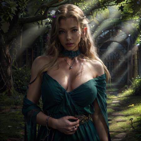 (masterpiece:1.2), (best quality,:1.2), 8k, ultra detailed, ((photorealistic)), fantasy, professional light, cinematic lighting, fashion photography, ambient lighting, face lighting, Lara, <lora:Lara-10:1>, middle aged, as elf sorceress, necklace, circlet, choker, earrings, dark lipstick, dark makeup, long and messy blonde hair, (upper body shot), extremely intricate green robes, standing in a fantasy forest, sunlight through trees, godrays, FanLan,  <lora:FantasyLandscape-10:0.9>,