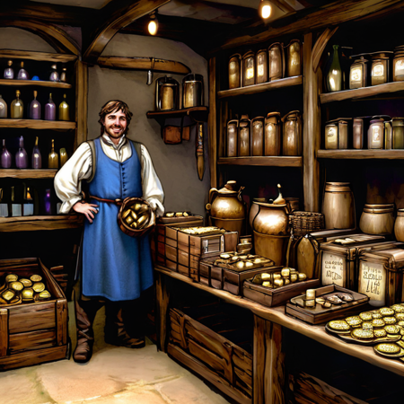 portrait, looking down, solo, (full body:0.6), detailed background, detailed face, (victorian theme:1.1), grin,  shop owner, (blue:0.8) traveling merchant clothes, apron, pouches, belts, busy (medieval market stall:1.1), (sacks:0.8), (crates:0.8),    selling wide variety of glassware, empty wine bottles, empty drinking glasses, empty glass pitchers, empty vials, empty glass bottles, stack of shiny  coins,   <lora:Detailed Interior Style SDXL v1:0.71>