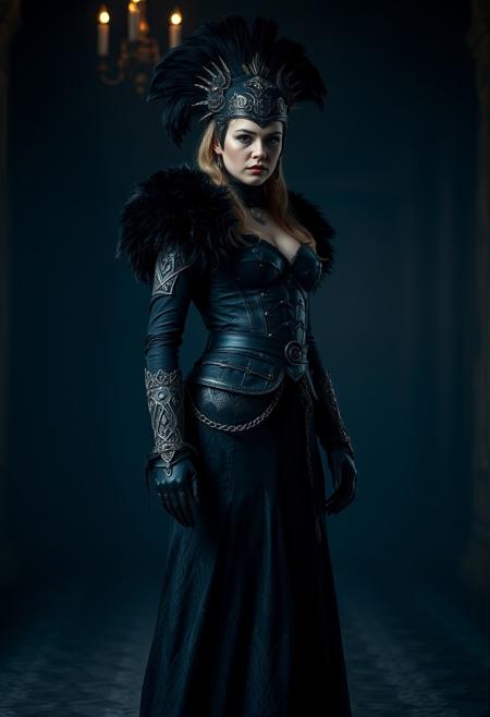 Full shot, standing pose of a Victorian warrior princess, Alexander McQueen fashion black costume, black fur, metal, black leather, damask fabric, top soft light, dark environment, highly detailed, melancholic