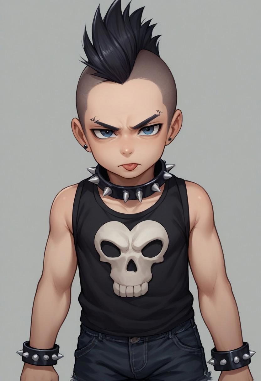 score_9, score_8_up, score_7_up, source_anime, highly detailed, young, 1boy, solo, cute boy,  punk boy, scowl, sleeveless, skull shirt, spiked bracelets, spiked collar, mohawk, undercut, eye shadow, shorts, tongue out