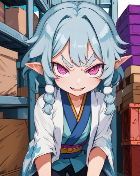 Ao, teal hair, purple eyes,  pointy ears,  pink eyes, 
white kimono,  evil smile,  
upper body,   sitting,  cowboy shot,  bike shorts,  
warehouse,    angry, 
(insanely detailed, beautiful detailed face, masterpiece, beautiful detailed eyes, best quality),
 <lora:Ao:0.7>