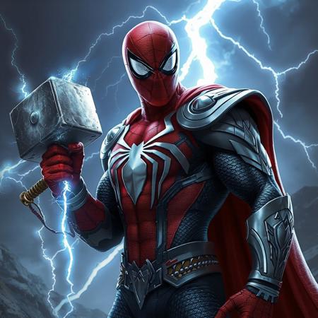 a muscle spiderman with an asgard god armor holding thor hammer with lightings and thunders