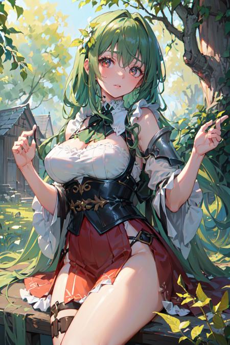 (finely detailed beautiful eyes and detailed face,masterpiece sidelighting,masterpiece,best quality,detailed,high resolution illustration),
(fantasy background, village,tree,woods),knight
(1girl,whole body,bishoujo,lustrous skin,looking down,looking at viewer),
(green hair,red eyes,underboob),(clothed_underbust:1.2)