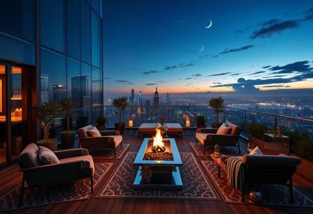 Elegant glass-walled penthouse terrace, panoramic cityscape views, twinkling skyscrapers, soft ambient lighting, plush velvet lounge chairs, copper fire pit glowing, potted olive trees, hanging fairy lights, mirrored cocktail bar, crystal glasses catching light, midnight blue sky, crescent moon, wispy clouds, distant fireworks, warm wooden decking, geometric patterned rugs, sleek modern design, floor-to-ceiling windows, subtle jazz music ambiance, starry night reflections, gentle breeze, aromatic herb garden, champagne bucket, cozy throw blankets, stylish outdoor kitchen, muted color palette, atmospheric mist, golden hour glow, exquisite detailing, hyper-realistic, 8k resolution, photorealistic rendering, masterpiece quality