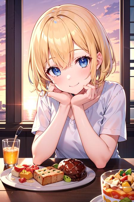 masterpiece, best quality, close-up, short hair, blonde hair, blue eyes, table, food, hand on own chin, smile, window, sunset,