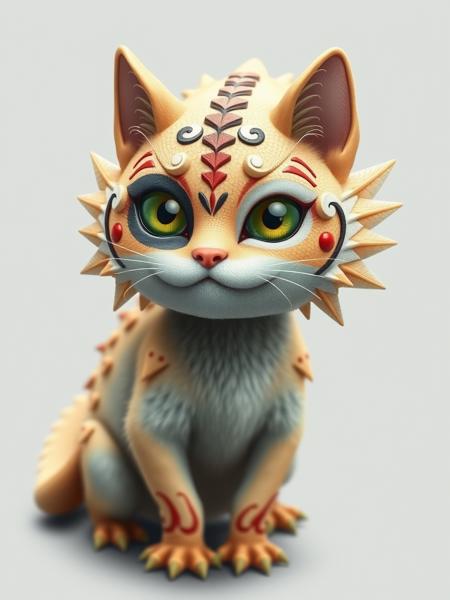 Fantastic creature, cute chimera half-cat half-lizard, The cat's body and head are covered with lizard scales