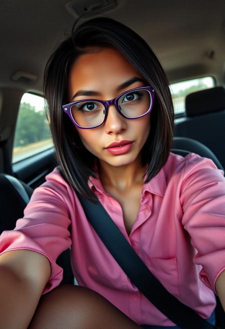 masterpiece, newest, absurdres, (hdr, hyper realistic, ultra realistic, soft light, realism, lifelike, award winning photography) 
This shot is of an 18 year old light skin woman, she has petite delicate facial features and . Her hair is short, black. She is exceptionally pretty with dark brown eyes, long eye lashes and no makeup. She is slim and perfectly proportioned with perfect arms, perfect hands,  perfect stomach, perfect face, symetrical face,  perfect legs, perfect pout, perfect ass and a small pert chest. petite.  She is also wearing glasses with purple frame.
She is wearing a pink shirt and black shorts with pantyhose.
She is sitting inside a car taking a selfie.
She is looking directly down at the camera.