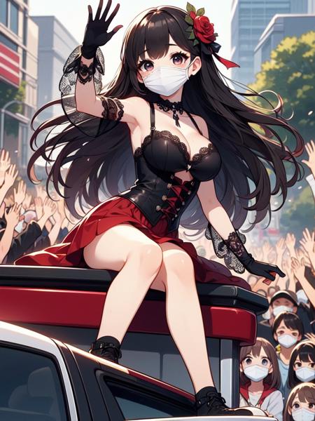 parade float pickup truck with railings wave to the adoring crowd flowers gothic outfit tulle skirt black lace gloves fireworks
