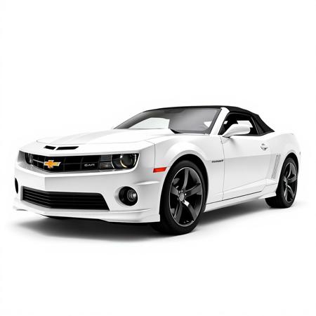 Stylish promo photo for a white 2010 Chevrolet Camaro with black soft top roof, commercial photography, 4k, white background