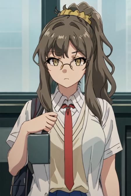 best quality, masterpiece, highres, solo, {futaba_rio_seishunbutayarou:1.15}, long_hair, brown_hair, brown_eyes, glasses, necktie, 1girl, hair_ornament, hair_scrunchie, ponytail, school_uniform, scrunchie, shirt, yellow_scrunchie, white_shirt, bangs, upper_body, collared_shirt, red_necktie, sidelocks, high_ponytail, closed_mouth, yellow_eyes