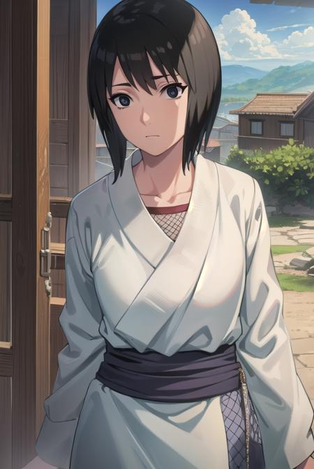 kunoichishizune, <lora:kunoichi shizune-lora-nochekaiser:1>,
shizune, short hair, black hair, (black eyes:1.3),
BREAK long sleeves, collarbone, japanese clothes, fishnets,
BREAK outdoors, forest, nature, trees, grass, sky, clouds, sun,
BREAK looking at viewer, (cowboy shot:1.5),
BREAK <lyco:GoodHands-beta2:1>, (masterpiece:1.2), best quality, high resolution, unity 8k wallpaper, (illustration:0.8), (beautiful detailed eyes:1.6), extremely detailed face, perfect lighting, extremely detailed CG, (perfect hands, perfect anatomy),