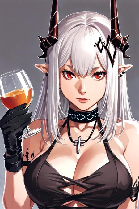 takehiko style, best quality,  1girl, mudrock \(arknights\), solo, white background, simple background, upper body, looking at viewer, drinking glass, holding cup, holding, horns, pointy ears, closed mouth, red eyes, long hair, white hair, hair ornament, bangs, large breasts, breasts, innerboob, gloves, dress, black dress, black gloves, jewelry, detached sleeves, bare shoulders, short sleeves, necklace, earrings, official alternate costume, single glove, cleavage, cup, choker, black choker, drink, hand up