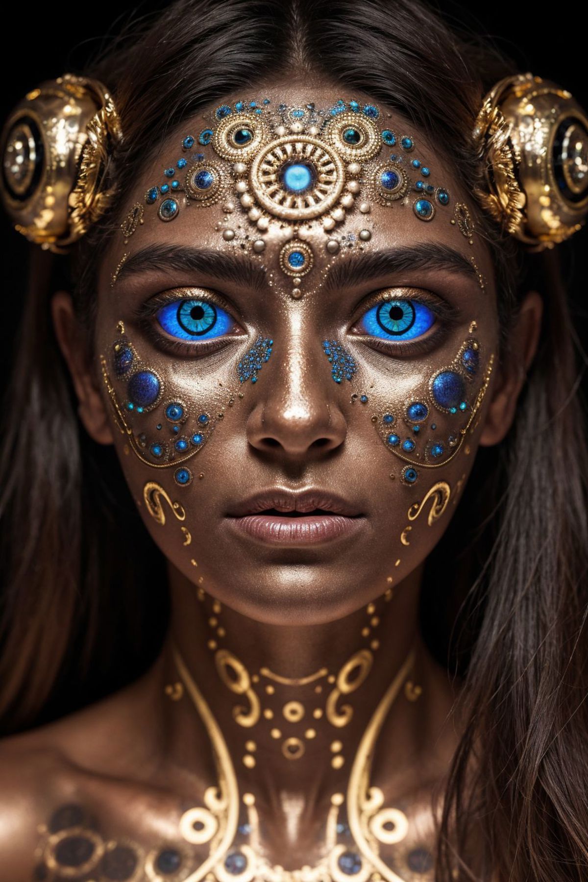 A close-up of a woman with blue eyes and gold makeup on her face.