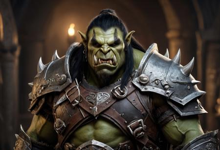 cinematic portrait,Orc D&D ultra quality, 4k,(masterpiece, best quality, 8k, ultra highres, highres:1.4), extremely detailed,young, big, green skinned muscular orc, long black hair, white orc tusks, wearing as warrior in metal armor, full torso metal and leather armor, stupidly laughing, good character, fantasy fighter,medieval interior background, warhammer style , high detailed, detailed skin, detailed teeth and orc tusks, detailed eyes, photo realistic art,