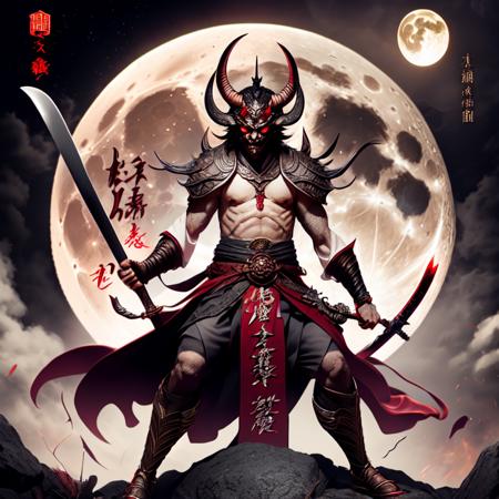 photo, an illustration of a demon holding a sword in front of a full moon (FantasyDaimyo style:1)  <lora:djzFantasyDaimyoV21:0.8>