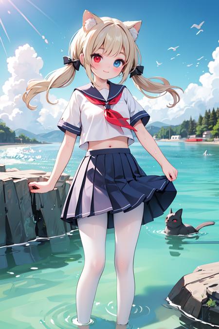 (best quality:1.4),(masterpiece:1.4),(8K:1.4),(extremely detailed:1.4),1girl,bangs,beach,bird,black legwear,(heterochromia:1.4),(red eyes:1.4),(blue eyes:1.4),very long blonde hair,cat ears clouds,blue sailor collar,blue skirt,blue sky,blush,red bow,closed mouth,cloud,cloudy sky,condensation trail,day,eyebrows visible through hair,floating hair,hair bow,horizon,island,lake,lighthouse,looking at viewer,midriff,mountain,navel,neckerchief,ocean,outdoors,pantyhose,partially underwater shot,pleated skirt,red neckerchief,sailor collar,school uniform,seagull,shirt,shore,short sleeves,skirt,sky,smile,solo,standing,standing on liquid,sunlight,twintails,wading,water,waves,wet,white shirt,wind,