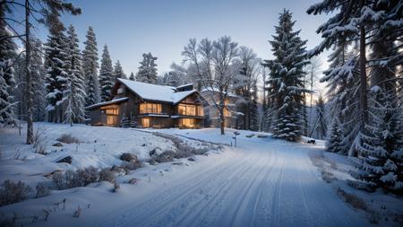 outdoors,garden,gravel road,grass,trees,bush,in winter,snowing,a scene of heavy snow,