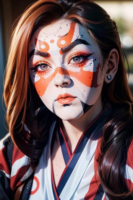k4buk1, makeup, white face, red lines, kabuki makeup,