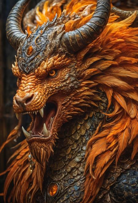 Photorealistic oil painting (masterpiece, best quality, stunning, highly detailed, close-up view of a medusa-Bull hybrid creature, (intricate feathers, detailed scales, detailed dragon-like hair, fiery feathers), dramatic lighting, HDR, (mythical, fantasy), oil painting), legendary creature, trending on artstation