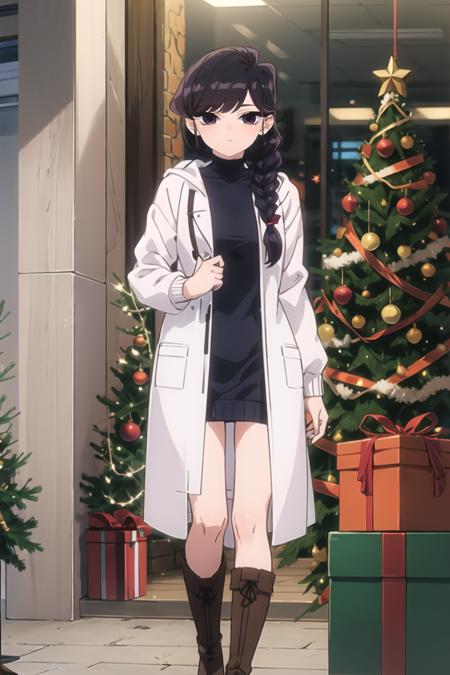 <lora:ShokoKomi_KS-V2:1> shokokomidef, purple hair, purple eyes, long hair,
looking at viewer, white coat, braid, outdoors, christmas, box, turtleneck sweater, gift, boots, dress, christmas ornaments, black sweater, open clothes, holding, christmas tree, gift box, arms behind back, bangs, jacket, sweater, holding gift,
masterpiece, best quality,