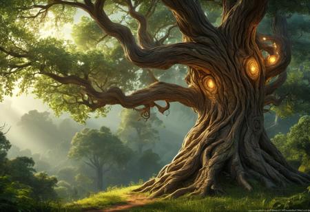 Masterpiece, best quality, amazing detail, nature, scenery, tree, magic tree, double helix trunk, no humans, glowing