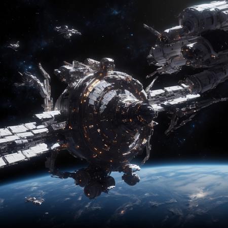 Design a breathtaking scene set in the vastness of space, where a futuristic spaceship is gracefully docking with a massive space station. Imagine this spacecraft as a marvel of human engineering, with sleek lines, glowing accents, and an array of advanced technologies on display. The space station, a towering structure with intricate details and multiple docking ports, serves as a bustling hub of interstellar activity.

As the spaceship aligns perfectly with the docking bay, highlight the intricate dance of mechanical arms and magnetic locks securing the two structures together. Add a dramatic touch with a vibrant nebula glowing in the background, its vivid colors contrasting the dark void of space. Enhance the sense of depth and movement with stars streaking across the scene, creating a captivating starfield.

Include subtle lighting effects to showcase the reflective surfaces of the spaceship and space station, emphasizing their metallic sheen. Perhaps add a few smaller vessels or spacewalkers nearby, providing a sense of scale and additional visual interest. The overall composition should evoke a sense of wonder, showcasing the beauty and excitement of space exploration and the potential of human ingenuity in the future.
