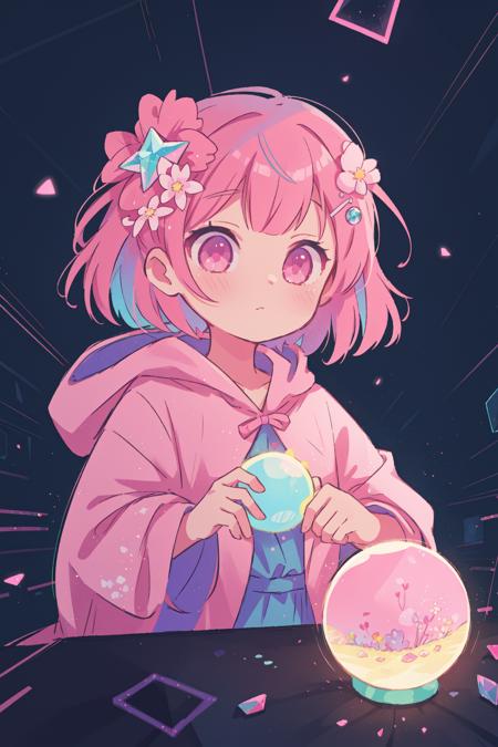 1girl,upper body,sideways,pink hair,hair ornament,pink eyes,hood,robe,crystal ball,
light particles,bloom,neon lights,motion lines,