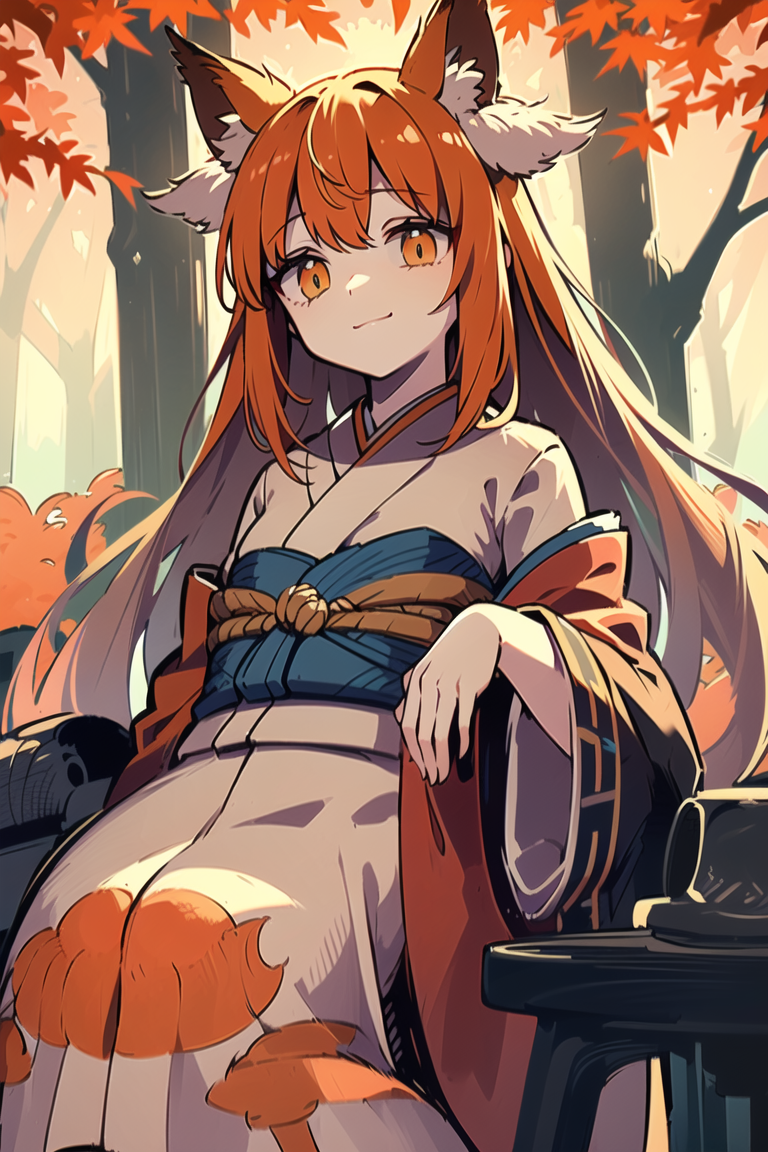 (masterpiece), (best quality), (highly detailed), 1 enchanting fox girl amidst a maple forest, captivating amber eyes, flu...