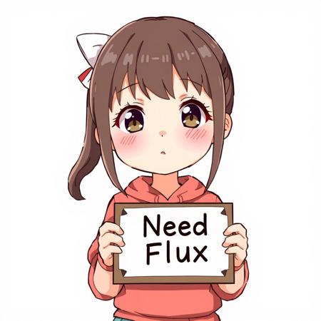 Cute anime girl holding a sign with the words "Need Flux" on it.