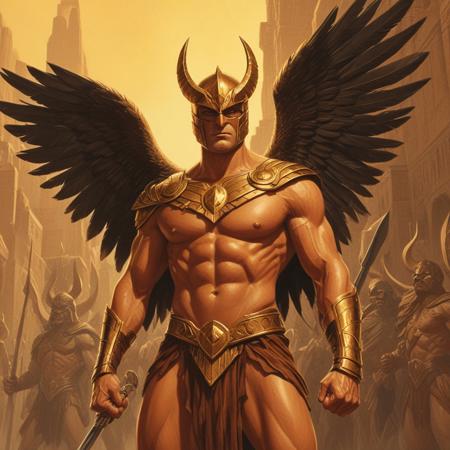 Flash Gordon-inspired, medium shot. Group of Hawkman warriors, in a majestic pose, stand ready for battle in an ancient Mesopotamian city. Close-up. Inspired by Alex Raymond's dynamic drawing style. Bronze armor glows with soft light, contrasted by deep shadows. Elegant feathers and talons adorn the Hawkman warriors, as sunlight filters through the city's dusty atmosphere. Soft, warm golden light bathes the scene. keywords: pulp illustration, retro-futurism, ancient Mesopotamia, Inanna goddess, Alex Raymond, Flash Gordon, heroic fantasy, vibrant colors, high contrast, cinematic lighting, detailed textures, elegant linework.