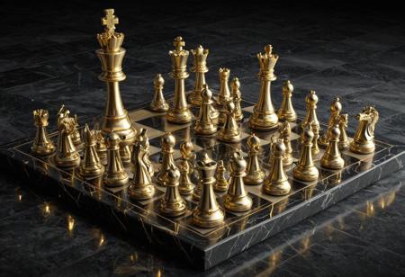 <lora:add-detail-xl:1>, qu4ntum, chess pieces crafted from fractal gold and brass, queen and king glowing with subtle white quantum energy, set on a black marble board, dramatic overhead lighting emphasizing textures and intricate design