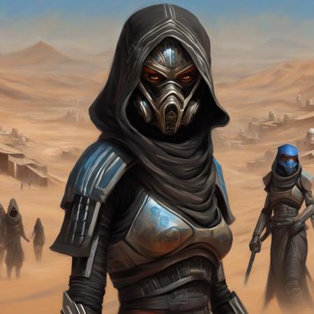 Clair-obscur, digital painting, oil painting, portrait of a female "mass effect" "assassin's creed" fremen samurai ninja sith with gas mask helmet in black, passing a fremen village in futuristic mos eisley arabic egyptian moroccan style, on the desert planet of arrakis, (detailed portrait), (upper body), in the style of arcane and fernanda suarez pascal blanche and Hermann Stenner and simon stalenhag and Gustavé Doré and alex grey and alphonse mucha and nekro and josan gonzalez and dishonored and bioshock and simon stalenhag and rembrandt and Roger Ballen and Yousuf Karsh and HR Giger and Dariusz Zawadzki and John Jude Palencar and David Cronenberg and Liam Wong and Zdzislaw Beksinski and Luis Buñuel and Takashi Miike and David Lynch and Luis Royo and jakub rozalski and Ilya Kuvshinov and Wlop and Artgerm, trending on artstation, featured on pixiv, dynamic lighting, hyper detailed, octane render, 8k