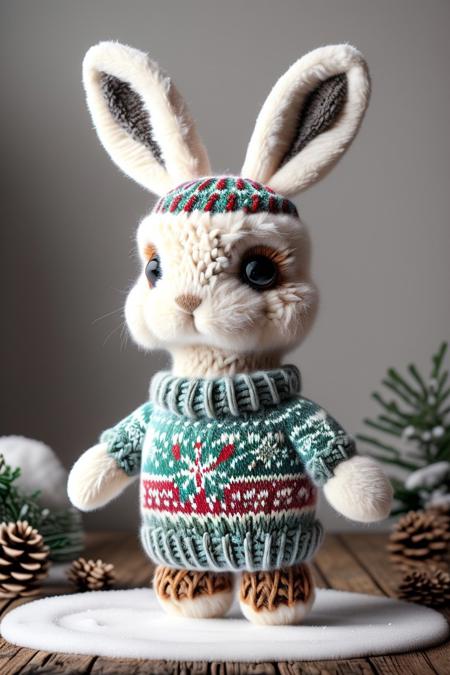 cute, plush toy, christmassweater, rabbit, white fur, outside, snow, forest, snowing, blue sky