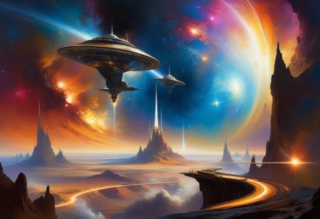<lora:10NaturalismPainting_Hap_XL:1.5>,  Thomas Moran style, oil painting, nature, Spaceport perched precariously on the brink of a galaxy's edge, swirling nebulas and vibrant starfields backdrop, spacecrafts of assorted designs docking and departing, cast in silhouette against the cosmic panorama, architectural elements featuring sleek lines and reflective surfaces, ambient lighting casting a futuristic glow, digital render.