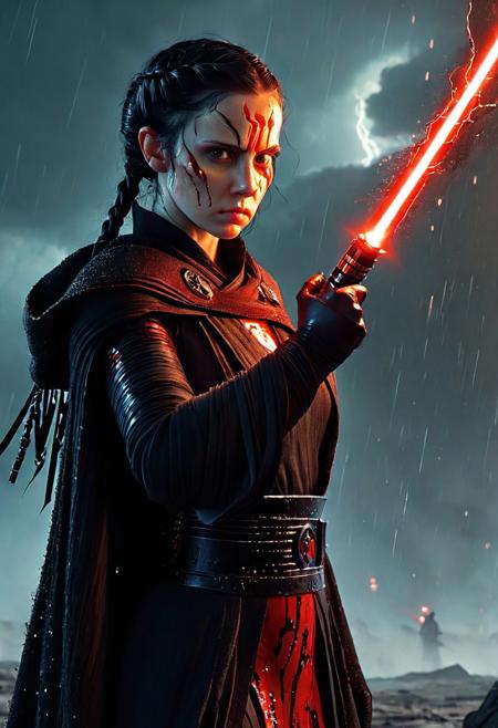 A beautiful Dark Sith lord with braided black hair stands defiantly amidst a raging storm on a desolate battlefield. Her Sith robe are intricately detailed and reflect the flickering light of distant fires, Star Wars style, The light of battle illuminates her determined expression as she prepares to face the dark enemy, holding the Red Lightsaber in his hand, Close up. Star Wars art style, Standing on a battlefield at the head of an army of Dark Siths, where a bloody slaughter is taking place, standing in battle pose, cinematic lightning, intricately detailed black and red Sith robe, The scene is reminiscent of a Greg Rutkowski concept art piece, realistic pale freckled face covered in blood, with dramatic lighting and a dark, curvy, looking at viewer, gritty atmosphere, Ultra-detailed, Raytracing reflections, High contrast, beautiful Dark Sith lord, beautiful firm body, girl athletic figure, (the pale face is very similar to Wednesday: 1.6), oranges, and greens, attractive 21 years old woman, cinematic lightning, Cinematic film still, Medium shot. Best quality, Masterpiece, The scene is reminiscent of a Greg Rutkowski concept art piece, realistic pale freckled face covered in blood, with dramatic lighting and a dark, gritty atmosphere, asymmetrical balance