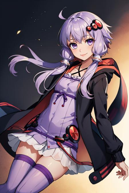 yuzuki yukari, ahoge, hair ornament hooded jacket, rabbit hood, long sleeves, purple dress, halterneck, purple thighhighs