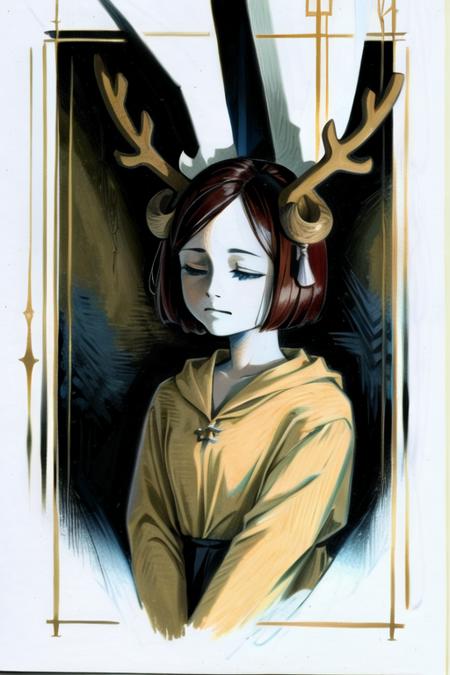 antlers, 1girl, solo focus, traditional media, solo, closed eyes, standing, brown hair, deer