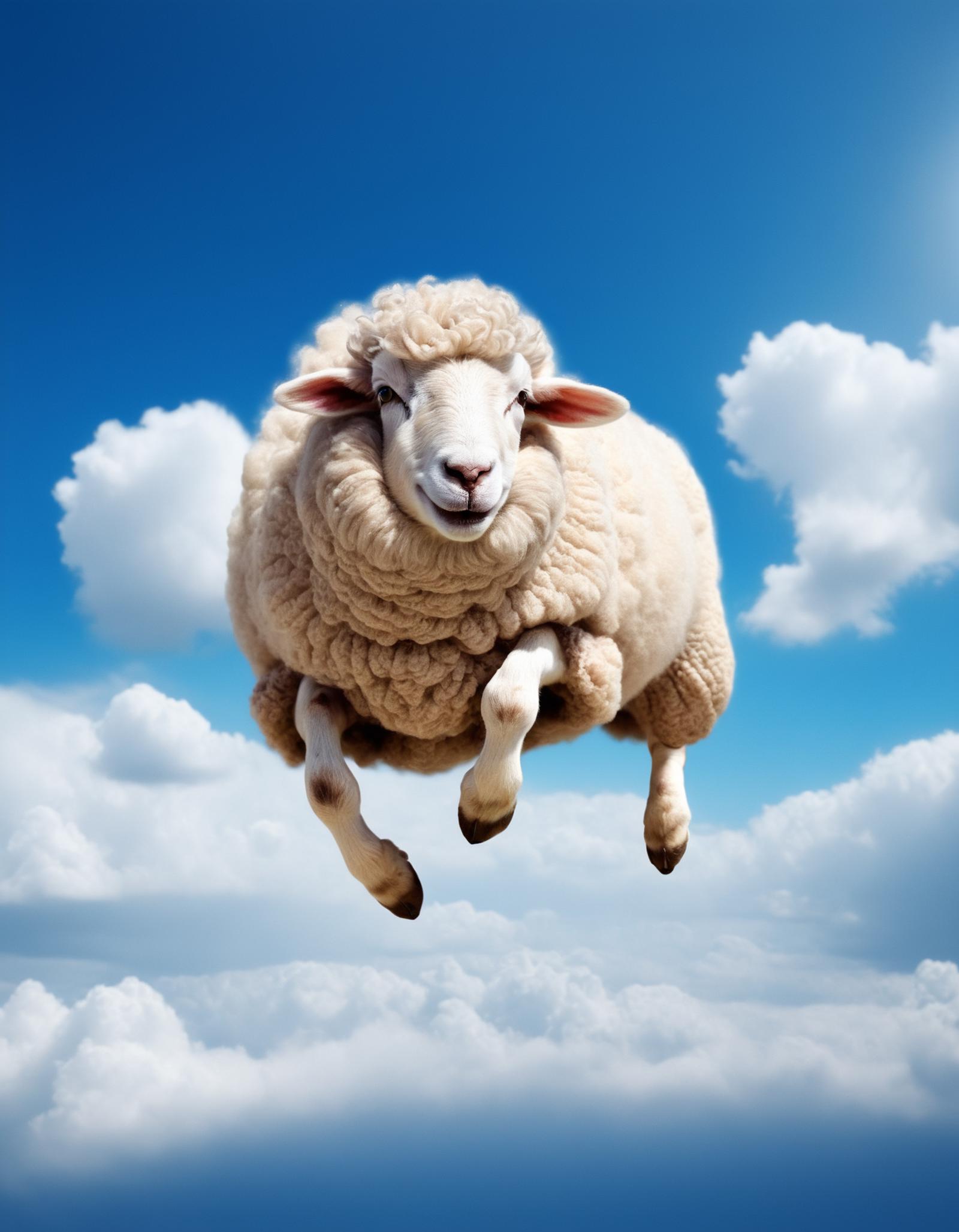 A sheep with a woolly coat leaps through the air against a blue sky background.