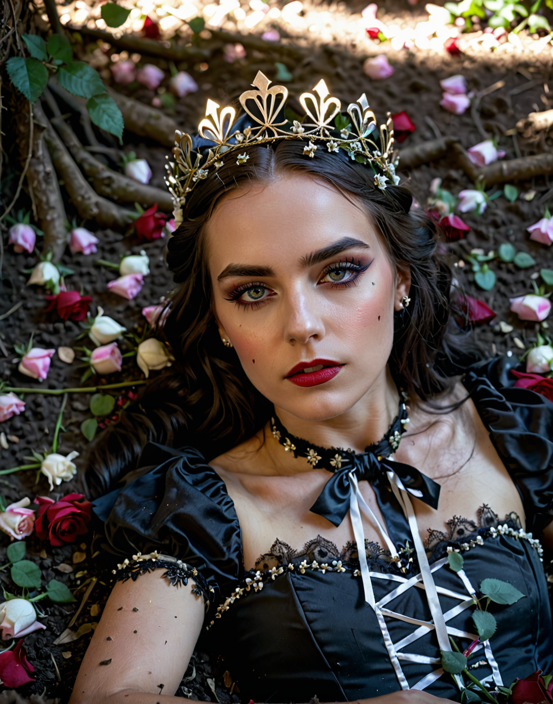 A gothic girl in a dress, dress is tied in the front,  a crown of flowers, laying on the ground in a forest, (rose pedals in the dirt:1.1), beautiful expressive detailed eyes.  35mm photograph, film, bokeh, professional, 4k, highly detailed dynamic lighting, photorealistic, 8k, raw, rich, intricate details, key visual, vivid colors