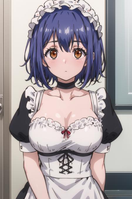 <lora:Suzu_LM-V2:1> suzudef, blue hair, brown eyes, short hair,
upper body, maid, black choker, collarbone, puffy short sleeves, looking at viewer, large breasts, maid headdress, short sleeves, choker, apron, puffy sleeves, cleavage, dress, breasts, bangs, solo, closed mouth, 1girl,
masterpiece, best quality,