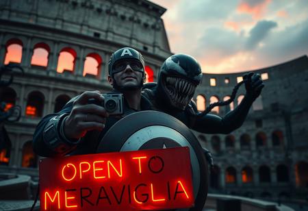 Marvel icons, Captain America and Venom, are caught in a surreal, high-energy selfie in front of the ancient Colosseum, with an unsettling atmosphere creeping into the scene. Captain America, his shield glowing faintly under the dimming light of a blood-red sunset, holds a vintage Kodak MC3 camera, trying to capture the eerie moment. Venom, grinning with malevolent glee, strikes a wild pose, his tendrils snaking around Cap’s shoulders, almost squeezing too tight in a way that blurs the line between playfulness and menace. Behind them, the towering Sion army approaches, their glowing red eyes piercing through the shadows of their insect-like helmets.
The Colosseum looms ominously in the background, its ancient arches casting dark, twisted shadows as if the structure itself is alive. The iconic ruins feel warped, with cracks pulsing as though ready to split open. In the foreground, a neon cardboard sign reads ‘OPEN TO MERAVIGLIA,’ but the letters flicker erratically, with some symbols morphing into eerie, cryptic shapes. Holographic effects ripple unnervingly, and the air around them is thick with swirling dust and mist, giving the scene an otherworldly, haunted feel. The contrast between the decaying landmark, superheroes, and the approaching army creates a chilling snapshot of a reality slipping into chaos