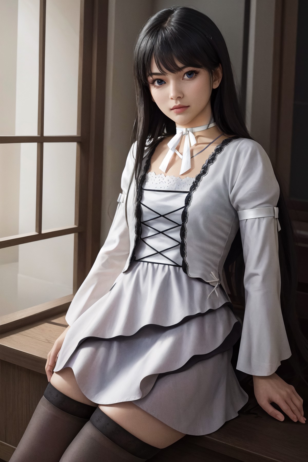 masterpiece, best quality, highres, 1girl, black thighhighs white dress white choker <lora:natsuki_minamiya:1> photorealistic