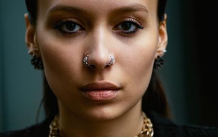 davidfincherstyle, the woman has a nose piercing and is wearing a necklace. The environment is a room. The shot is a close-up of the woman's face. The image is in color, with a warm color temperature.,depth of field,dimly lit,gloomy,warm color temperature
