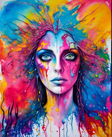 a mixed media abstract artwork of a strange woman with striking eyes and long hair, highly detailed eyes,medium breast,(fine art), (splashes and splatters of paint in nebula colors on the canvas 1.2),[thick, wet,shiny dripping paint], ink, pencil shading, award winning, (perfect composition),(nebula:0.5),(galaxy:0.5)